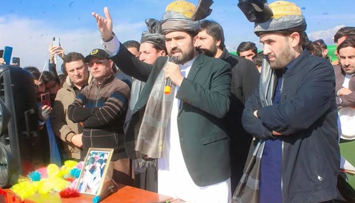 KP Chief Minister Muhammad Sohail Afridi speaking at a ceremony in Kurram on February 4, 2026. — Facebook@ImMuhammadSohailAfridi/