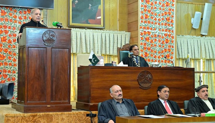 Prime Minister Shehbaz Sharif addresses a special session of Azad Jammu and Kashmir Legislative Assembly on the occasion of Kashmir Solidarity Day on February 5, 2026. — PID