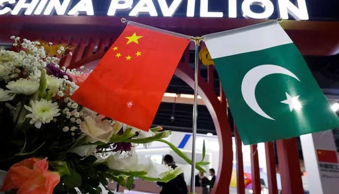 Flags of Pakistan and China are seen at the entrance of the China Pavilion, during the International Defence Exhibition and Seminar IDEAS 2022 in Karachi, Pakistan November 16, 2022. — Reuters