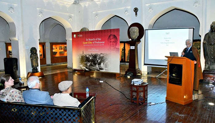 Prof Dr Sayed Amjad Hussain addressing an event titled “In Search of the Lost City of Peshawar” organised by Creative Co in collaboration with the Directorate General of Archaeology and Museums KP, on February 5, 2026.  — Facebook@QissaKhwani/