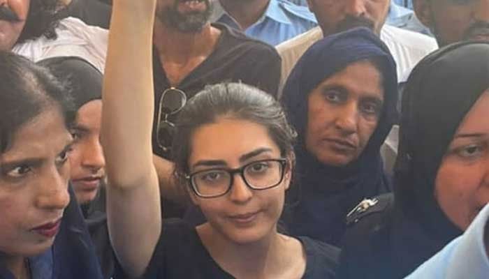 Lawyer Imaan Mazari gestures as she is presented before a court in Islamabad in this undated picture. — X/@JavedMengal_