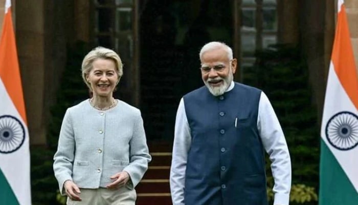 European Commission President Ursula von der Leyen speaks with Indias Prime Minister Narendra Modi before their meeting at the Hyderabad House in New Delhi—AFP/File