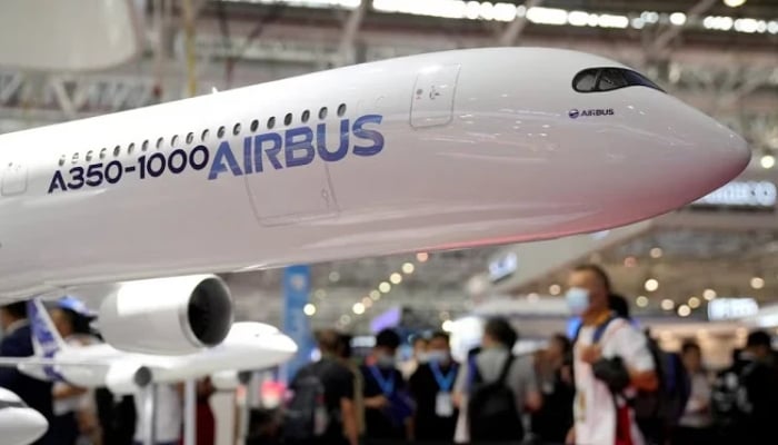 A model of Airbus A350-1000 jetliner is displayed at the China International Aviation and Aerospace Exhibition, or Airshow China, in Zhuhai, Guangdong province, China, September 28, 2021.— Reuters