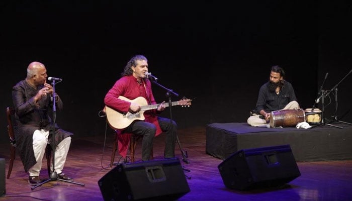 Folk and spiritual singer Arieb Azhar at Zia Mohyeddin Theatre on February 7, 2026. — Facebook@NAPA.Karachi
