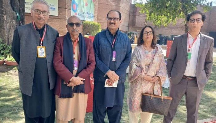 Seraiki poet Rifat Abbas, along with Kashif Baloch and Rana Mehboob Akhtar on February 7, 2026. — Facebook@rifat.abbas.31