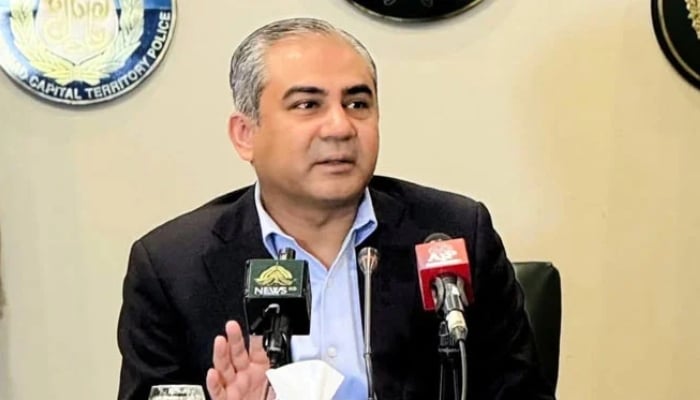 Federal Interior Minister Mohsin Naqvi  speak to media persons on April 28, 2025. — Facebook@Ministry of Interior GoP