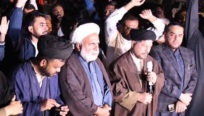 Majlis Wahdat-e-Muslimeen (MWM) leaders speak during a protest rally in Karachi on February 6, 2026. — Facebook@MWMKHI110