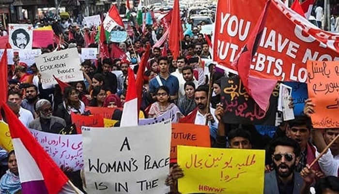 This representational image shows protesters taking part in a demonstration demanding the reinstatement of student unions in Karachi. — AFP/File