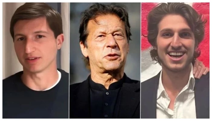 This collage shows PTI founder and former premier Imran Khan (centre) and his sons Kasim Khan (left) and Sulaiman Khan. — Instagram/@khanjemima/YouTube/@MarioNawfal/Reuters/File