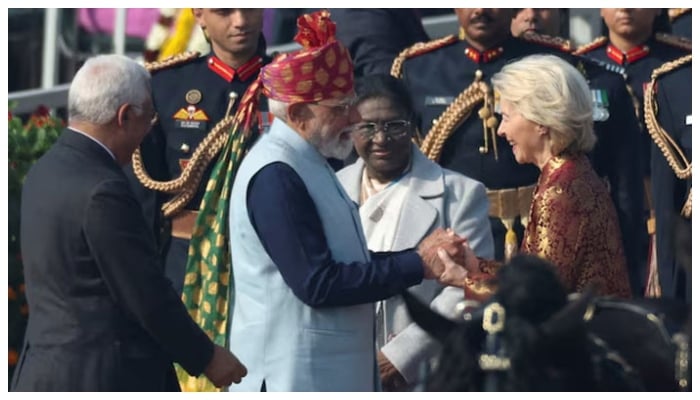 Indias Prime Minister Narendra Modi greets European Commission President Ursula von der Leyen, next to Indias President Droupadi Murmu, as they arrive to attend the Republic Day parade in New Delhi, India, January 26, 2026.—Reuters