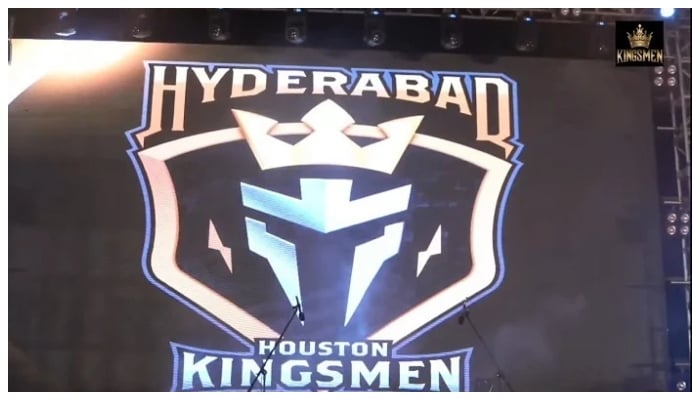 The logo and team name of the seventh PSL franchise, Hyderabad Houston Kingsmen, shine on a giant screen during the grand unveiling ceremony. — X/_FaridKhan