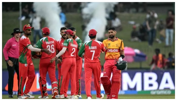Zimbabwe’s captain Sikandar Raza (right) shakes hands with Oman’s players at the end of the 2026 ICC Men’s T20 Cricket World Cup group stage match between Zimbabwe and Oman at the Sinhalese Sports Club Ground in Colombo on February 9, 2026. — AFP