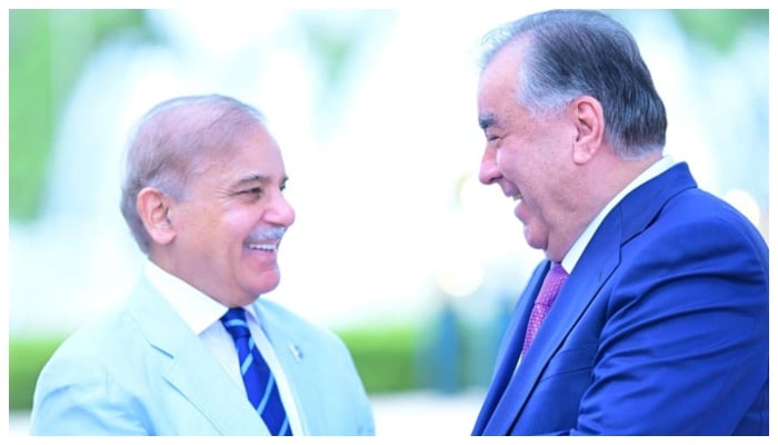 Prime Minister Shehbaz Sharif (left) meets President of Tajikistan Emomali Rahmon at the Qasr-e-Millat on July 2, 2024. — PID