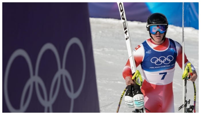Switzerlands Franjo von Allmen stands in the finish area of the mens super-G. — AFP
