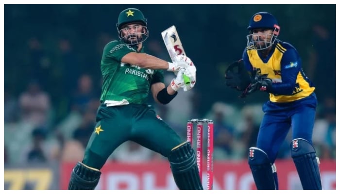 Pakistans Sahibzada Farhan plays a shot during their first T20I against Sri Lanka at the Rangiri Dambulla International Stadium, January 7, 2025. — PCB