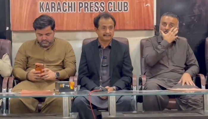 Pakistan Tehreek-e-Insaf (PTI) Sindh President Haleem Adil Sheikh speaks at a press conference at the Karachi Press Club on February 11, 2026. — Screengrab via Facebook@haleemadilsheikh1