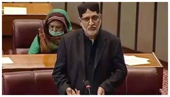 Balochistan National Party-Mengal chief Sardar Akhtar Mengal speaks at a parliament session in an undated picture. — X/@sakhtarmengal/File