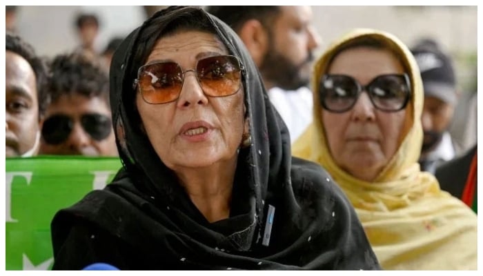 Aleema Khan, sister of Imran Khan, speaks to the media after a court verdict outside the Islamabad High Court on June 3, 2024. — AFP