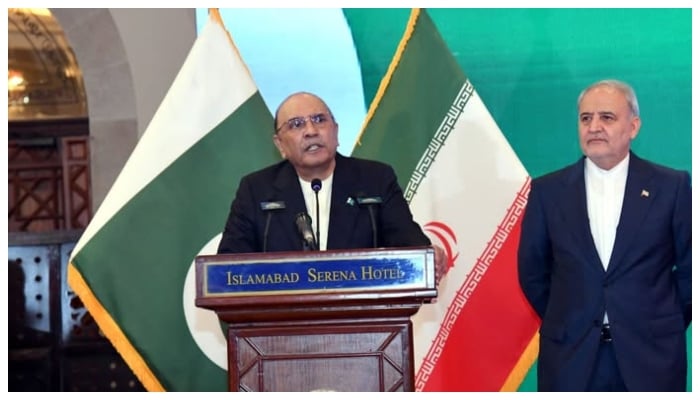 President Asif Ali Zardari addresses a reception held to commemorate the 47th Anniversary of the Victory of the Islamic Revolution of Iran and Iran’s National Day.—Facebook@PresOfPakistan