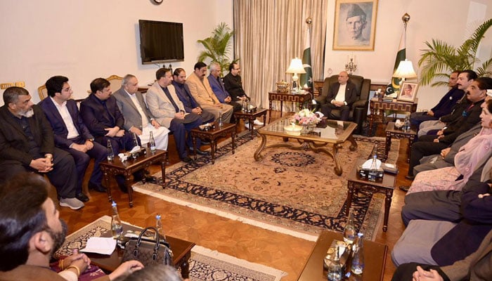 President Asif Ali Zardari, in a meeting with a parliamentary delegation from Azad Jammu and Kashmir, including Prime Minister Raja Faisal Mumtaz Rathore and former Prime Minister Sardar Tanvir Ilyas, on February 11, 2026. — PID