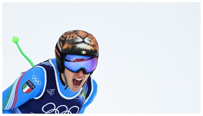 Italys Federica Brignone reacts in the finish area after competing in the womens super-G. —AFP
