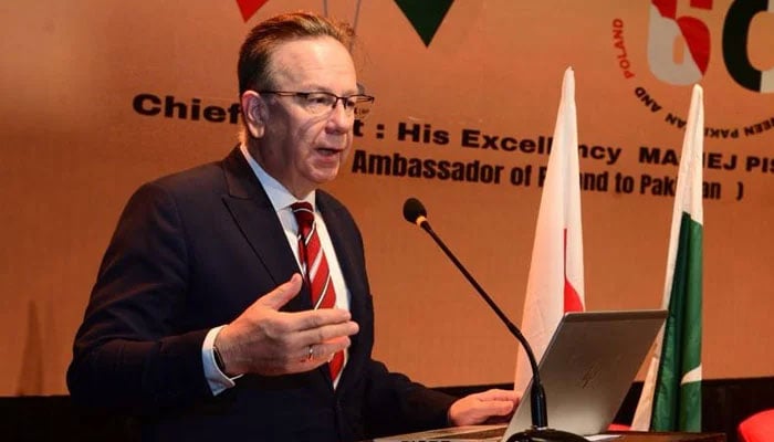 Ambassador of Poland to Pakistan Maciej Pisarski speaks at an event. — X@maciejpisarski/File