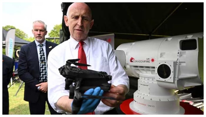 British Defence Secretary John Healey looks at a destroyed domestic drone as it flew by the DragonFire as he visits Land Warfare Centre in Warminster Garrison, Wiltshire, Britain, June 3, 2025. — Reuters
