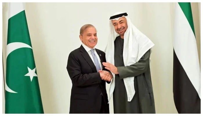 Prime Minister Shehbaz Sharif and President of UAE Sheikh Mohamed bin Zayed Al Nahyan meet in Abu Dhabi on May 23, 2024. — PID