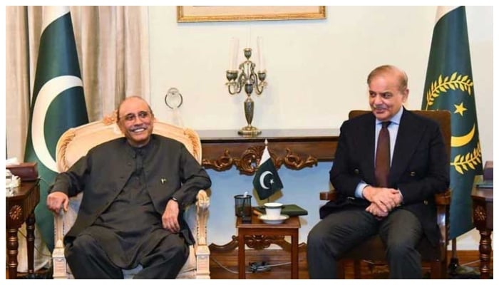 Prime Minister Shehbaz Sharif calls on President Asif Ali Zardari at Aiwan-e-Sadr on December 23, 2024. — PID