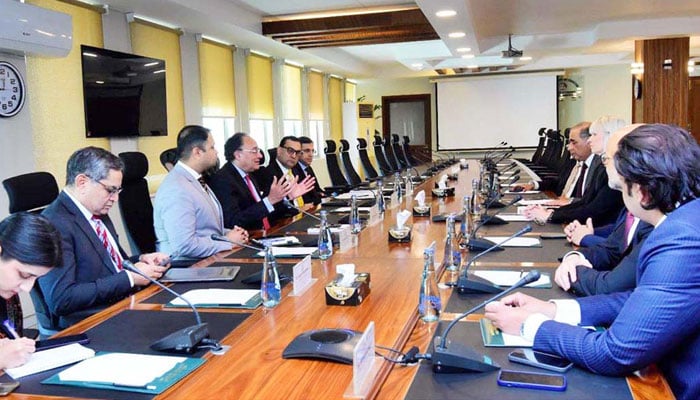 Federal Minister for Finance Senator Muhammad Aurangzeb, in a meeting with a delegation of British American Tobacco at the Finance Division on February 12, 2026. — APP
