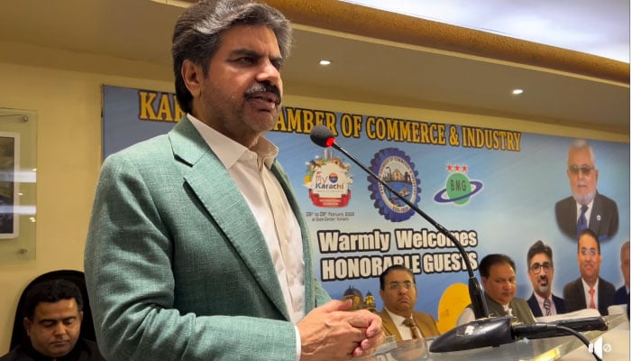 Sindh Minister for Local Government Syed Nasir Hussain Shah addressing a ceremony at the Karachi Chamber of Commerce & Industry (KCCI) on February 13, 2026. — Facebook@SNasirHussainshah/Screengrab