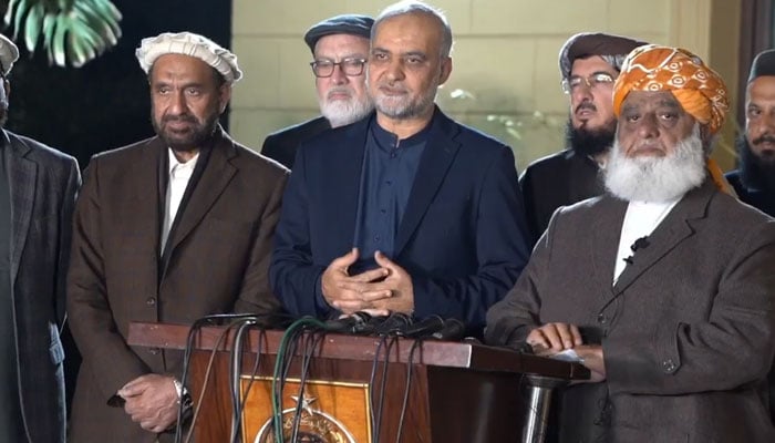 An image from a joint press conference by JI Ameer Hafiz Naeemur Rehman, JUIF-Pakistan chief Maulana Fazalur Rehman (right), on February 13, 2026. — Screengrab via Facebook@HafizNaeemRehman