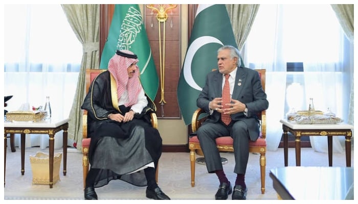 Pakistans Deputy Prime Minister and Foreign Minister, Muhammad Ishaq Dar (right) meets with the Foreign Minister of Saudi Arabia, Prince Faisal bin Farhan, in Riyadh on October 28, 2025. —PID