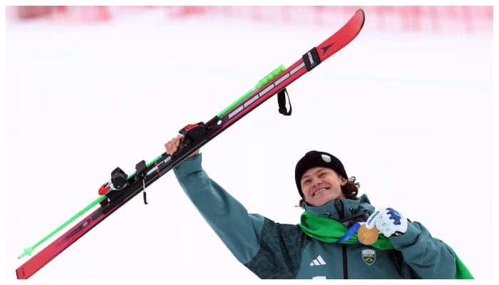 Gold medallist Lucas Pinheiro Braathen of Brazil poses with his medal. —Reuters