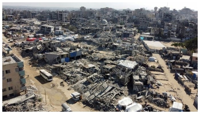 A drone view of damaged buildings, including the mental health hospital, amid a ceasefire between Israel and Hamas, in Gaza City, October 27, 2025. — Reuters