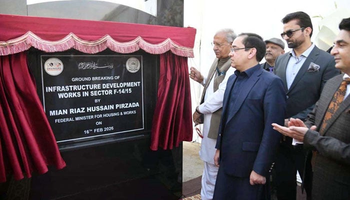 Federal Minister for Housing and Works Riaz Hussain Pirzada inaugurates development work in F-14 and F-15 sectors on February 16, 2026. — APP