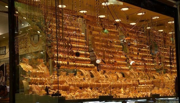 An undated image of a jewellery shop displaying gold jewellery. — AFP/File