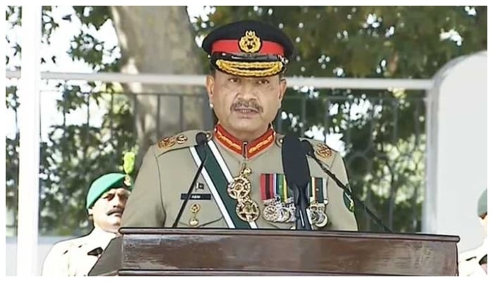Field Marshal Syed Asim Munir, Chief of Army Staff (COAS) and Chief of Defence Forces (CDF) addresses the passing out parade at the Pakistan Military Academy, Kakul, in Abbottabad on October 18, 2025. — Screengrab @Geo News