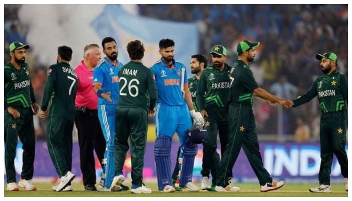 Pakistans players shake hands with Indian players during ICC Cricket World Cup 2023 in Narendra Modi Stadium, Ahmedabad, India. — Reuters/File
