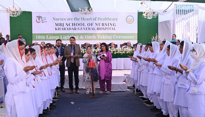 An image from the 18th lamp lighting and oath-taking ceremony of the MBJ School of Nursing at Kharadar General Hospital on February 17, 2026. — Instagram@kgh.hospital