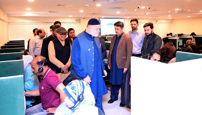 Federal Minister for Poverty Alleviation and Social Safety Syed Imran Ahmad Shah visits the call centre established for the Prime Minister’s Ramzan Relief Package 2026 at NTC F-5 on February 17, 2026. — NNI