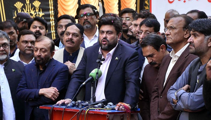 Governor Sindh, Kamran Tessori, addresses the media outside the MQM office in Hyderabad on February 18, 2026. — PPI