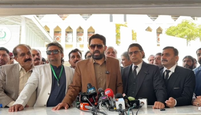 Khyber-Pakhtunkhwa Chief Minister Sohail Afridi talking to the media outside the Supreme Court on February 18, 2026. — Facebook@ImMuhammadSohailAfridi/Screengrab
