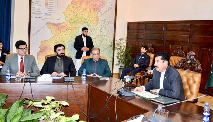 Khyber Pakhtunkhwa Governor Faisal Karim Kundi addresses a dialogue session titled “Pakistan-Afghanistan Security, Trade and Regional Economic Affairs” at the Governor’s House on February 18, 2026. — Facebook@FaisalKarimKundi