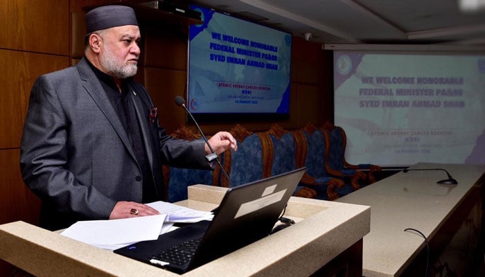 Federal Minister for Poverty Alleviation & Social Safety (PA&SS) Syed Imran Ahmed Shah  speaks during a visit to Atomic Energy Cancer Hospital (AECH), Nuclear Medicine, Oncology and Radiotherapy Institute (NORI) on February 19, 2026. — INP
