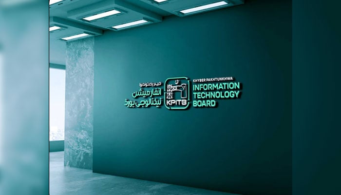 This image shows the logo and name of the Khyber Pakhtunkhwa Information Technology Board (KPITB) on a wall of the building. — APP/File