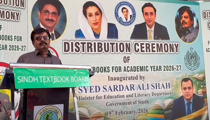 Sindh Minister for Education, Syed Sardar Ali Shah, addresses the inauguration of the distribution of textbook sets on February 19, 2026. — Screengrab via Facebook@sardarshah.offical