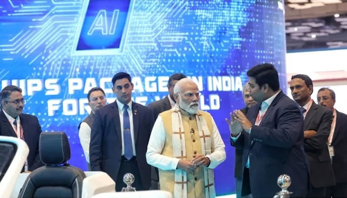 Indian Prime Minister Narendra Modi at the India AI Impact Summit 2026 in New Delhi in an image released by the India Press Information Bureau.— India Press Information Bureau/File