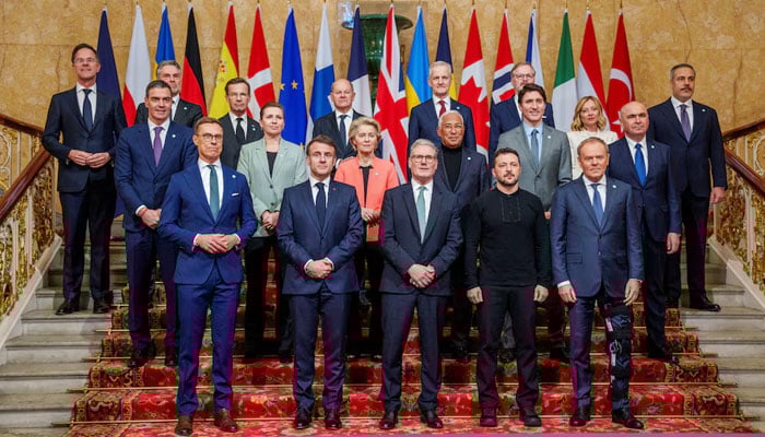 Britains Prime Minister Keir Starmer, President Volodymyr Zelenskiy, Germanys Chancellor Olaf Scholz, Norways Prime Minister Jonas Gahr Store, European Commission President Ursula von der Leyen, European Council President Antonio Costa, Frances President Emmanuel Macron, Canadas Prime Minister Justin Trudeau, Czech Republics Prime Minister Petr Fiala, Dutch Prime Minister Dick Schoof, Romanias Interim President Ilie Bolojan, Turkeys Minister of Foreign Affairs Hakan Fidan, Denmarks Prime Minister Mette Frederiksen, Swedens Prime Minister Ulf Kristersson, Finlands President Alexander Stubb, Italys Prime Minister Giorgia Meloni, Spains Prime Minister Pedro Sanchez, Polands Prime Minister Donald Tusk and NATO Secretary General Mark Rutte attend the European leaders summit to discuss European security and Ukraine, at Lancaster House in London, Britain, March 2, 2025. — Reuters