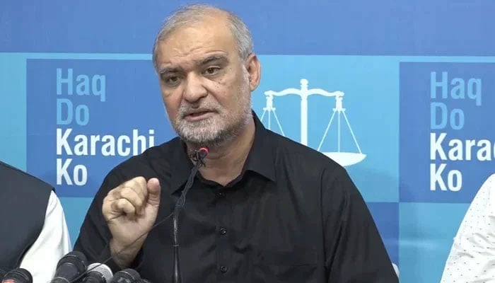 Jamaat-e-Islami Emir-elect Hafiz Naeemur Rehman speaks during a press conference in Karachi in this still on November 13, 2023. — Facebook/Hafiz Naeem ur Rehman